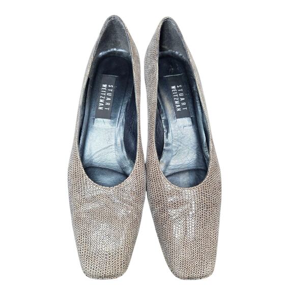 Stuart Weitzman Houndstooth Leather Slip Grey Square Italy Chunky Heel VTG Sz 10 - Picture 3 of 12